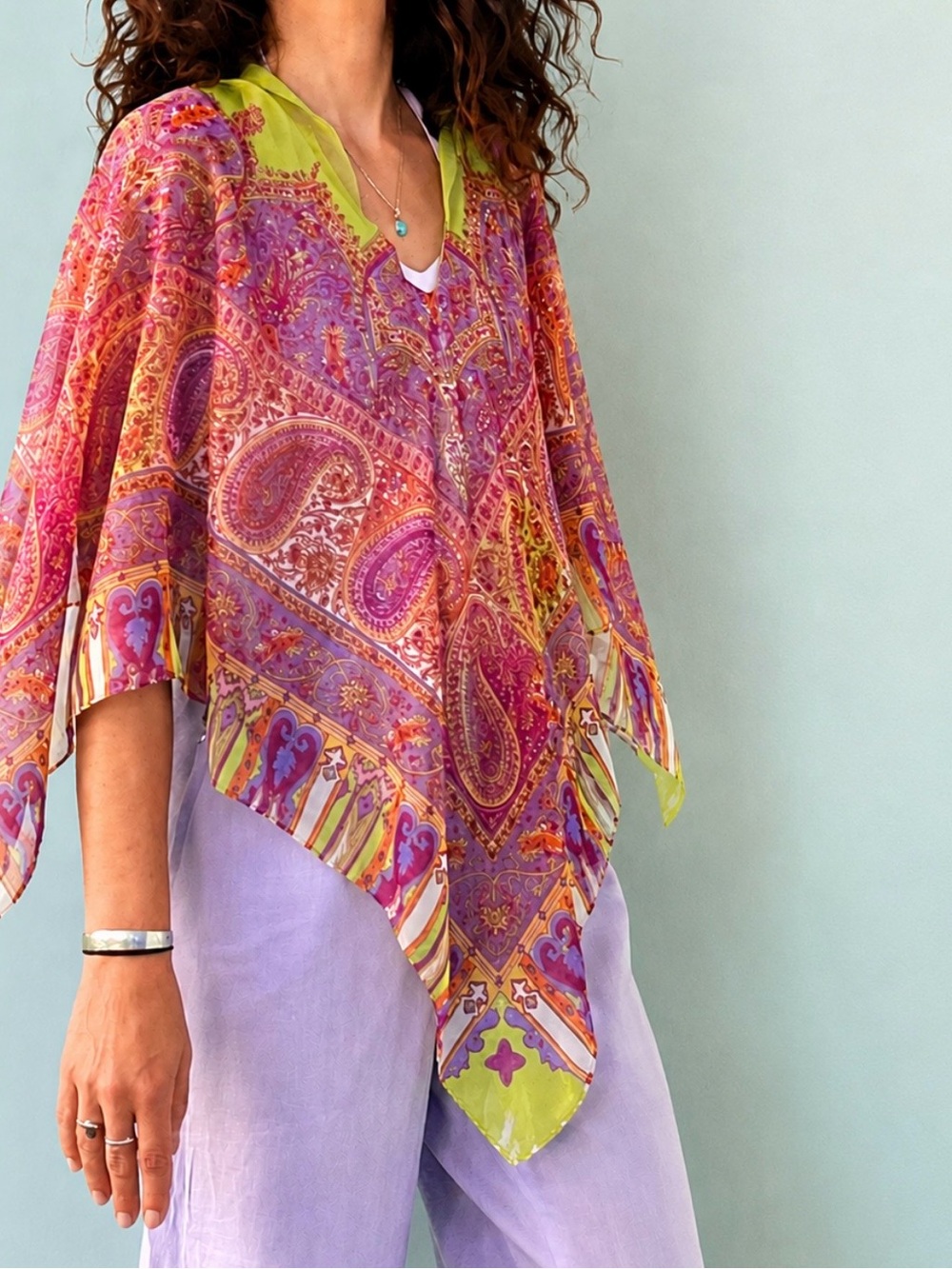Colourful Paisley Chiffon Poncho Arabesque Print Boho Resort • One Size